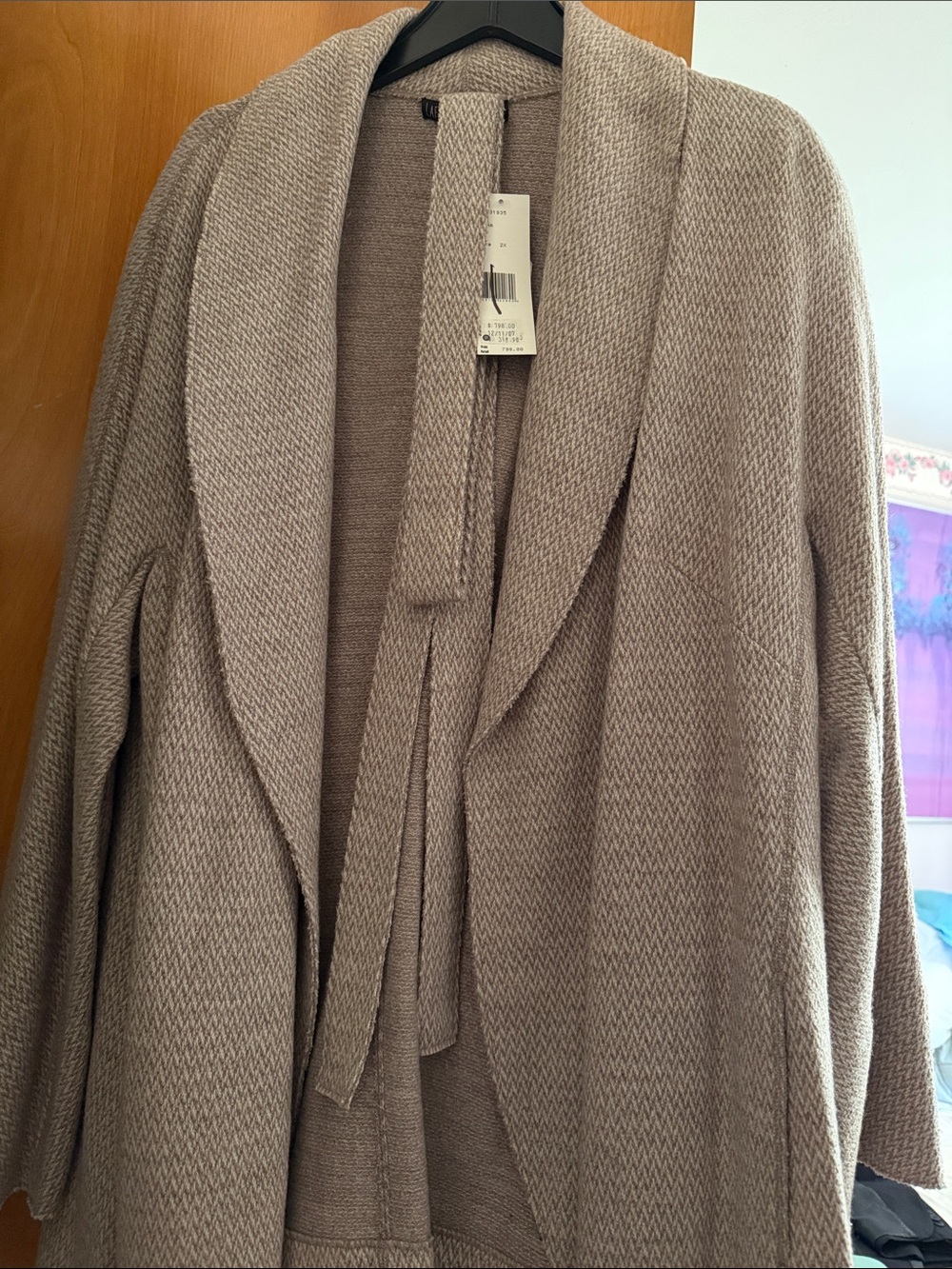 Lafayette 148 New York Taupe Shawl Collar Open-Front Cardigan